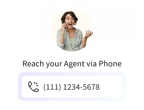 Smiling woman speaking on phone above text 'Reach your Agent via Phone' and a phone icon with number (111) 1234-5678.