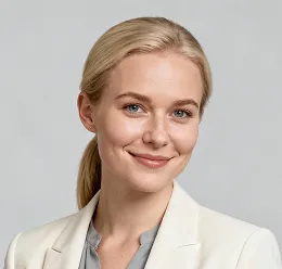 Smiling woman with blond hair tied back wearing a beige blazer and gray top against a light gray background.