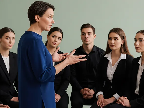 Woman in blue speaks to a seated group of attentive young professionals dressed in black business attire.