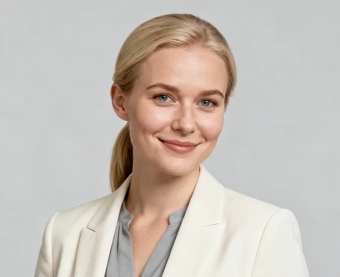 Smiling blonde woman wearing a cream blazer and gray blouse against a light gray background.
