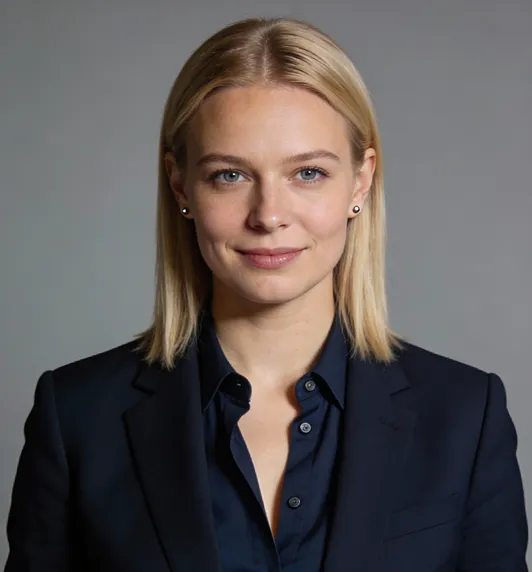 Smiling blonde woman with straight hair wearing a black blazer and shirt against a gray background.