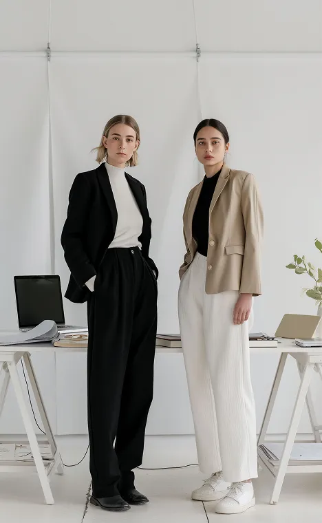 Two women standing confidently in modern office attire, one wearing a black blazer with black trousers and white top, the other in a beige blazer with white trousers and black top.