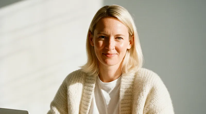 Smiling blonde woman wearing a white shirt and beige cardigan sitting in natural light.