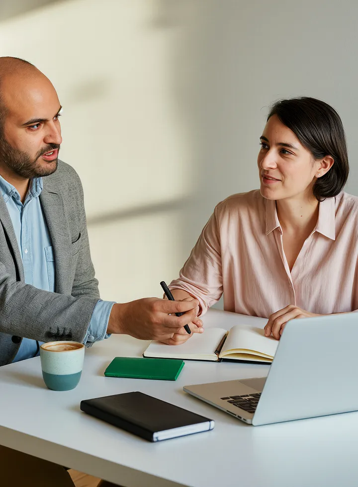 Man and woman sitting at a table having a discussion with notebooks, a laptop, and coffee cup.