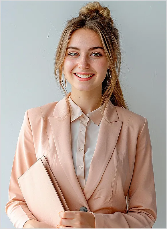 Smiling young woman with light brown hair in a high bun, wearing a peach blazer and holding a matching folder.