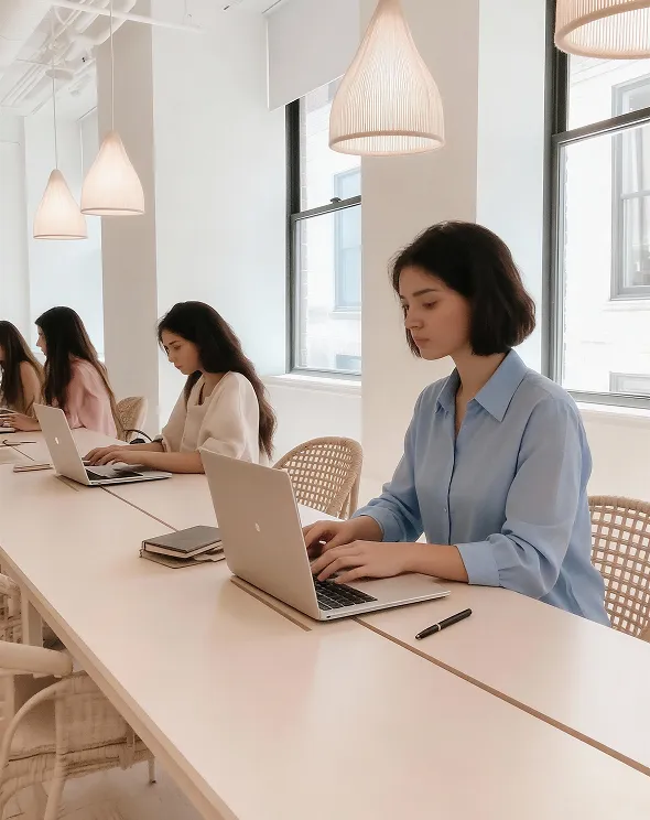 Three women sitting at a long desk in a bright modern office, working on laptops with notebooks and pens nearby.