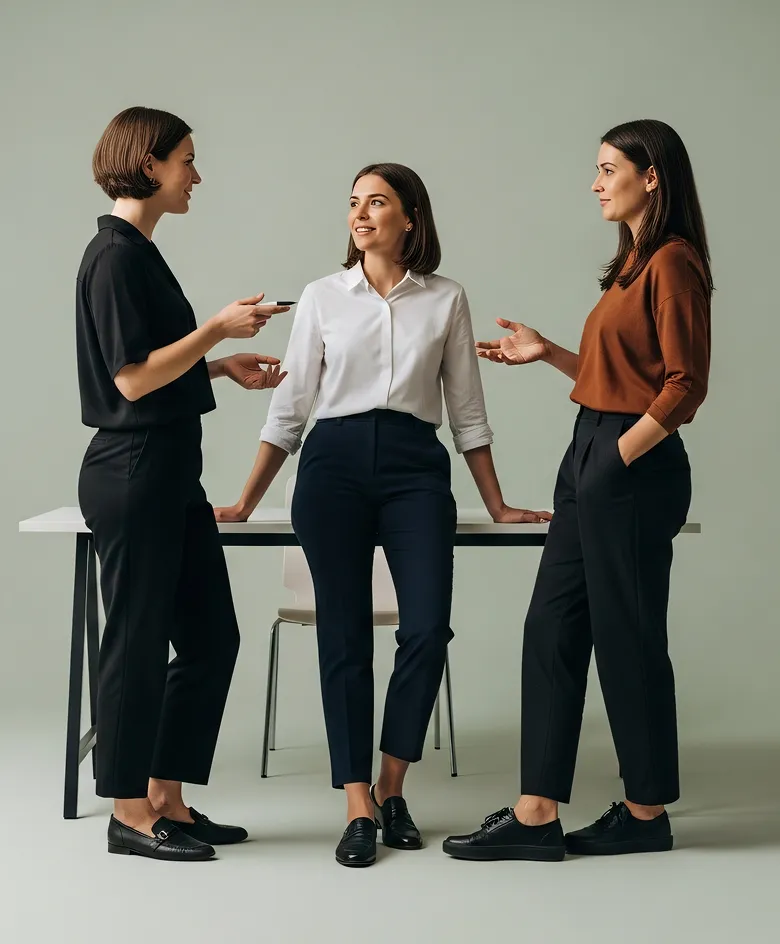 Three women in business casual attire engaging in conversation around a white table.