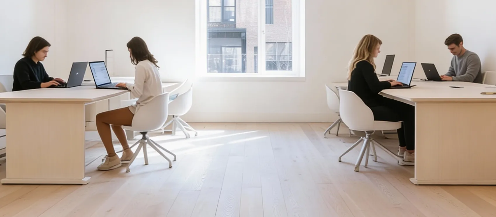 Four people seated at two white desks in a bright office space, working on laptops near a window with natural light.