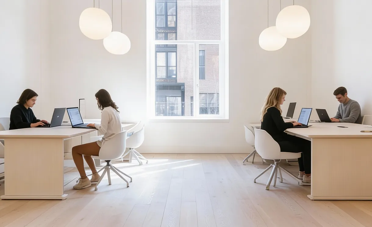 Four people working on laptops at two parallel light wood desks in a bright, minimalist office with large window and hanging globe lights.