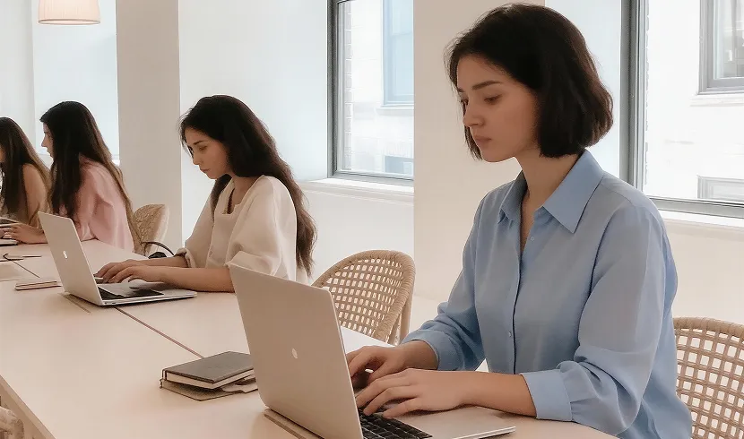 Two women working on laptops at a long table in a bright office space.