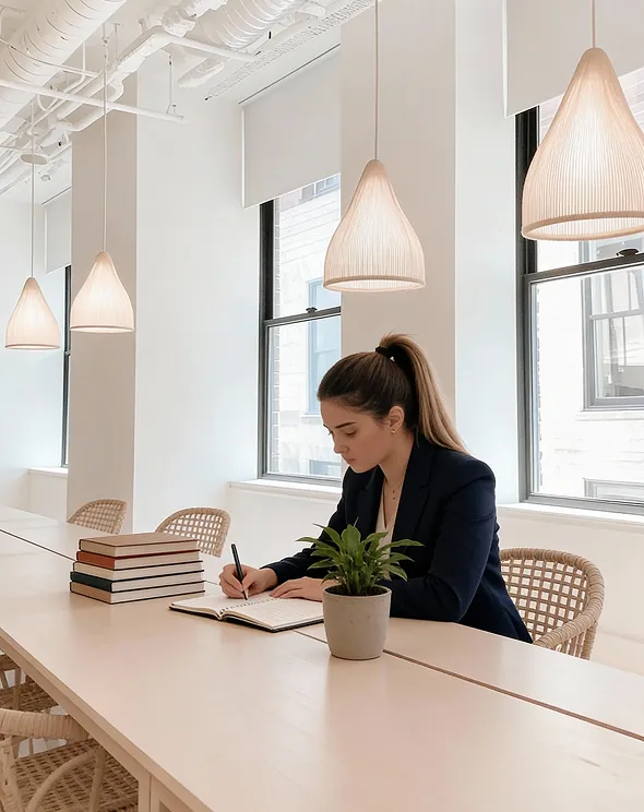 Woman with ponytail writing in a notebook while sitting at a long table in a modern, bright office with hanging pendant lights and large windows.