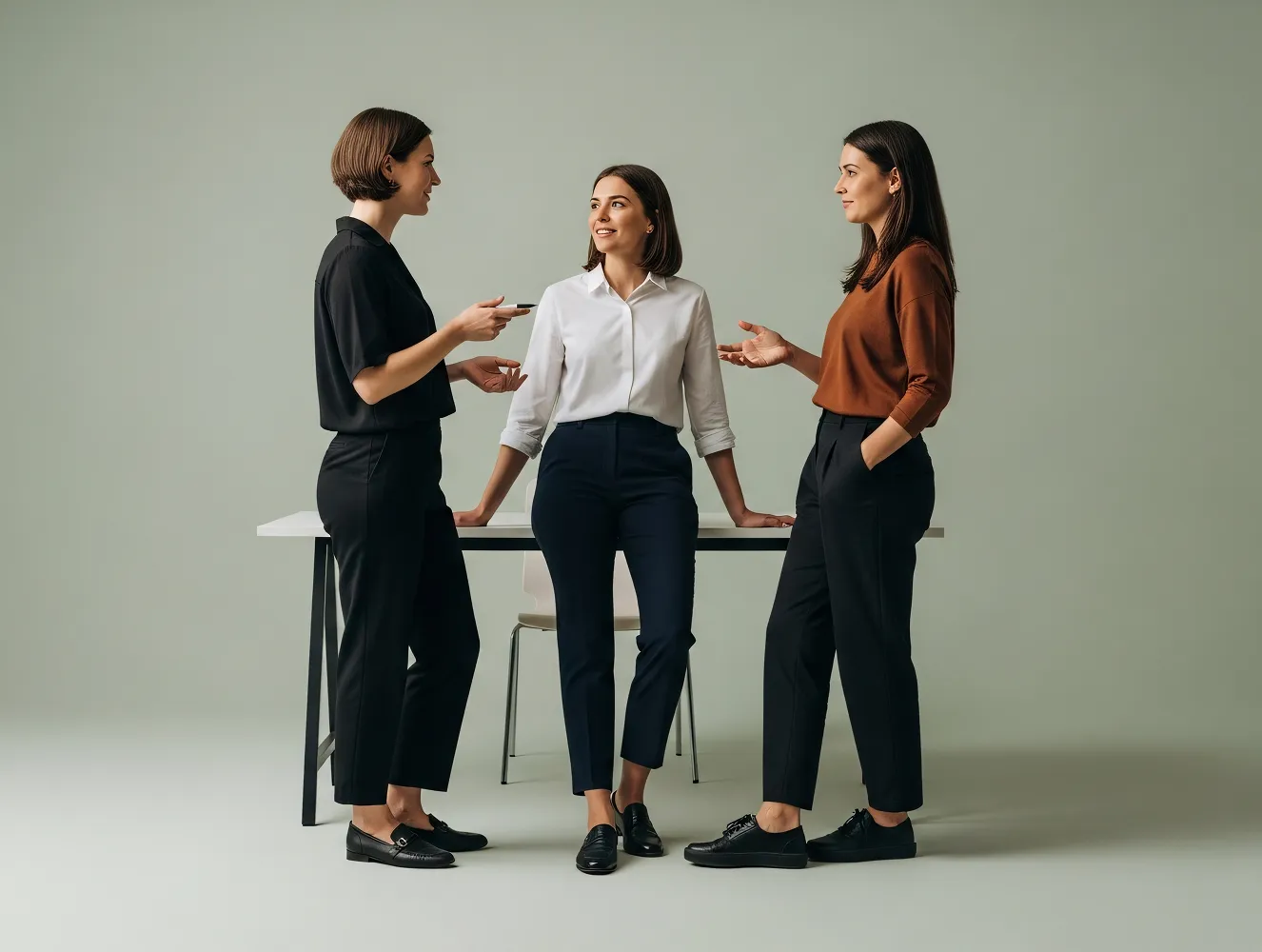 Three women in business casual attire standing and sitting around a table, engaged in conversation against a plain background.