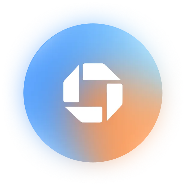 White abstract geometric logo icon with four shapes forming a circle on a blue and orange gradient circular background.