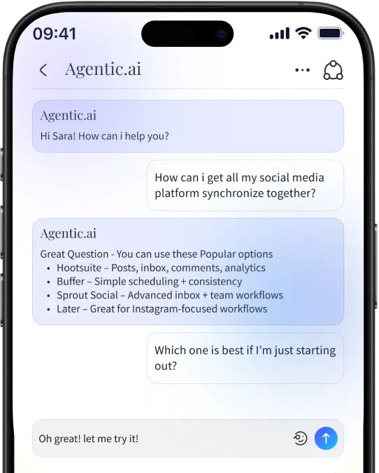 Smartphone screen showing a chat conversation with Agentic.ai discussing social media platform synchronization and options like Hootsuite, Buffer, Sprout Social, and Later.