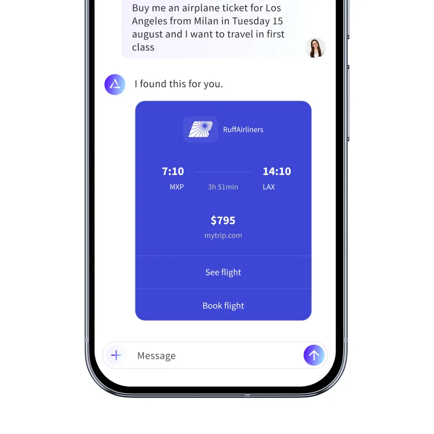 Smartphone screen showing a chat where a user requests a flight ticket from Milan to Los Angeles; a chatbot responds with a RuffAirliners flight departing MXP at 7:10, arriving LAX at 14:10, duration 3h 51min, price $795, with buttons to see or book the flight.
