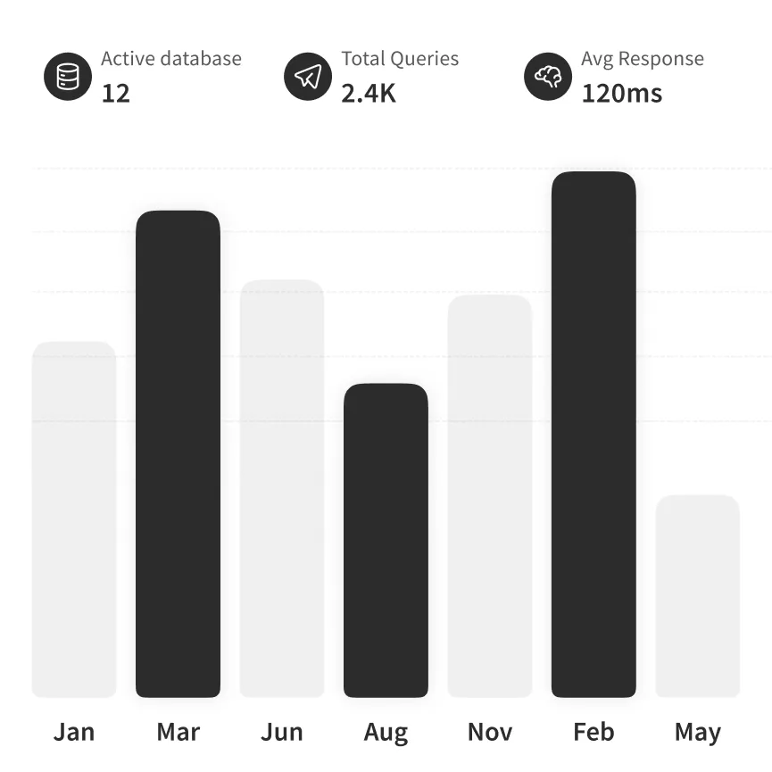 Bar chart showing data for months Jan, Mar, Jun, Aug, Nov, Feb, and May with varying black and gray bars; stats above show 12 active databases, 2.4K total queries, and 120ms average response time.