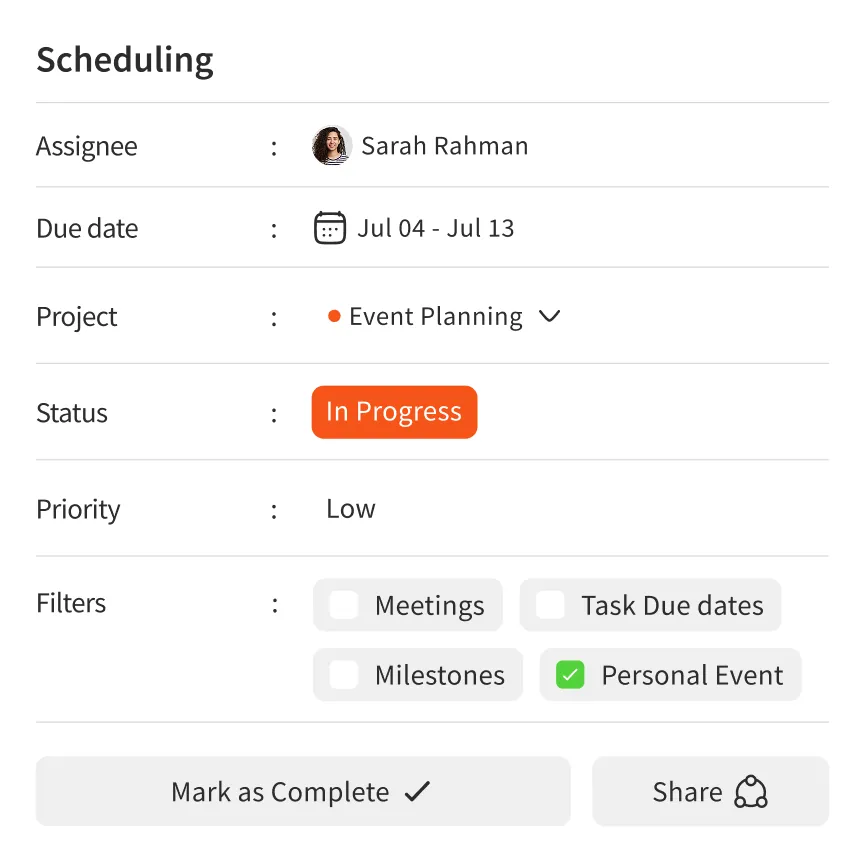 Scheduling panel showing assignee Sarah Rahman, due date Jul 04 - Jul 13, project Event Planning, status In Progress, low priority, and personal event filter checked.