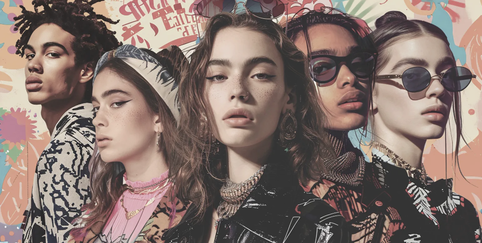 Five stylish models with diverse features posing against a colorful abstract background.