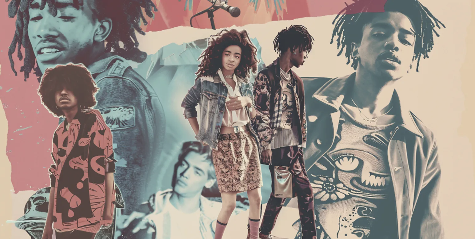 Collage of stylish young people with distinct hairstyles and trendy clothing against a colorful abstract background.