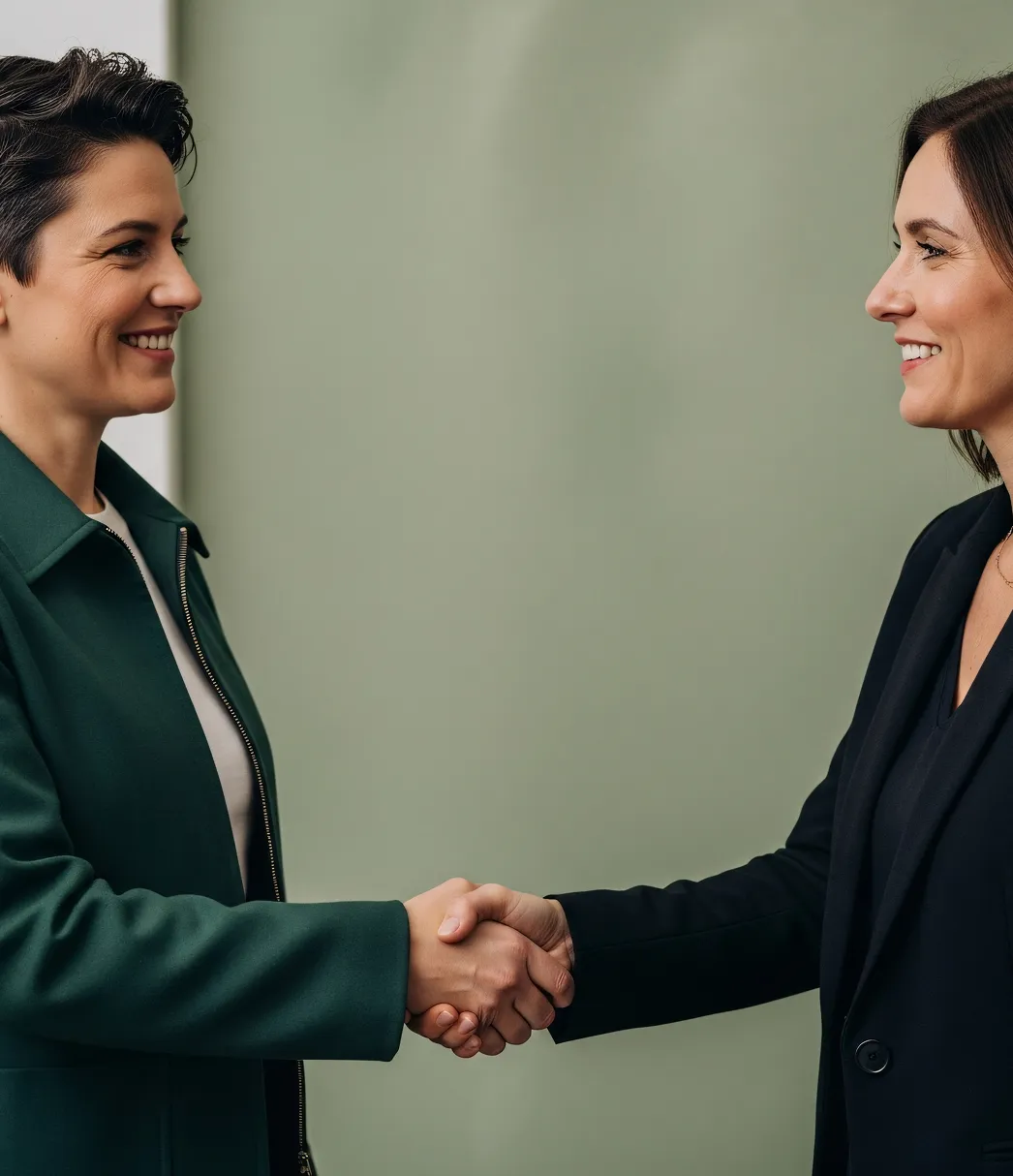 Two women smiling and shaking hands in front of a green wall.