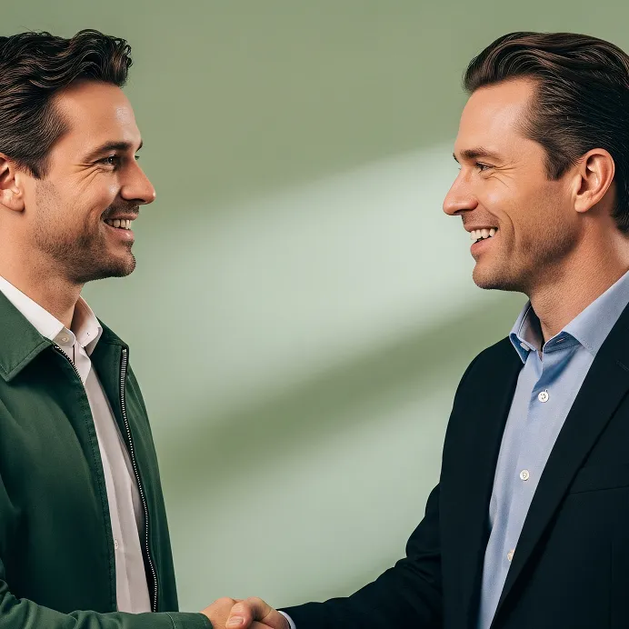 Two men smiling and shaking hands in front of a light green background.
