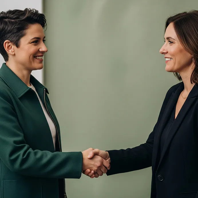 Two women smiling and shaking hands in a professional setting.
