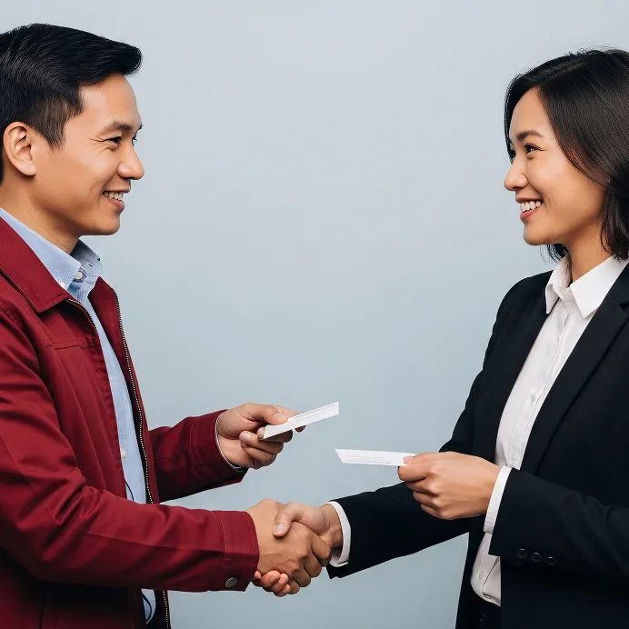 Man and woman exchanging business cards and shaking hands, smiling against a plain light background.