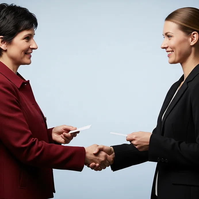 Two professional women smiling and shaking hands while exchanging business cards against a plain light blue background.