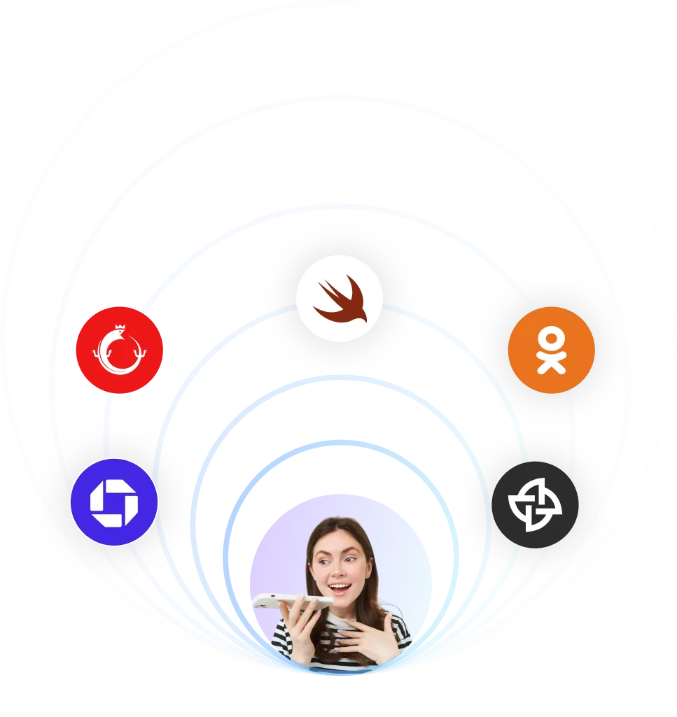 Smiling woman holding a smartphone at the center with orbiting logos of programming languages and platforms including Swift, Ok.ru, and others.