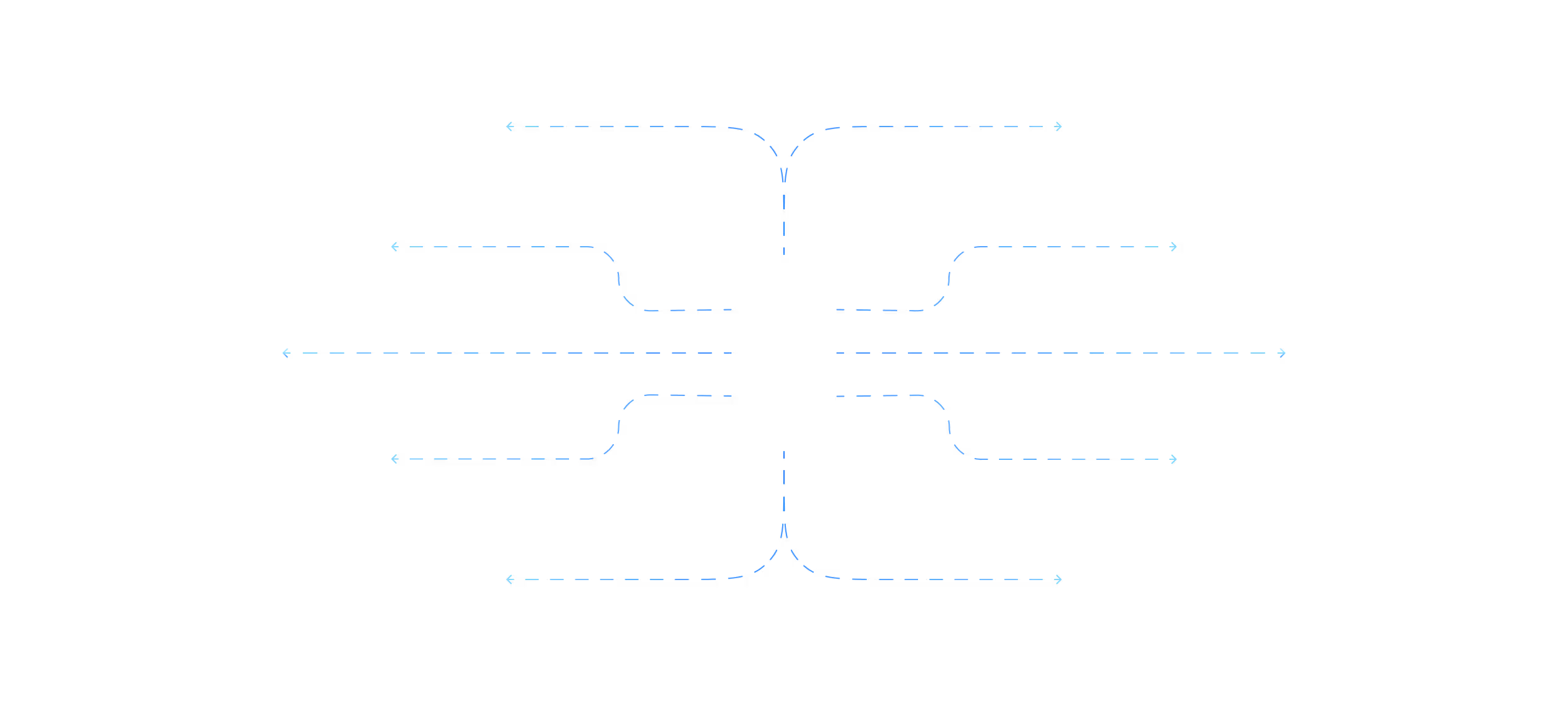 A diagram illustrating seven labeled arrows pointing inward towards a central hexagonal shape, indicating interconnected concepts or branches.