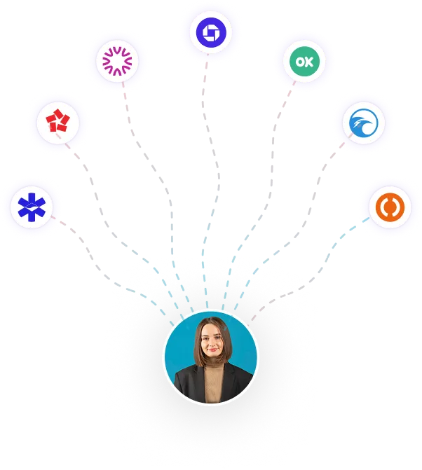 Portrait of a woman connected to seven different AI platform logos arranged above her in a semi-circle.