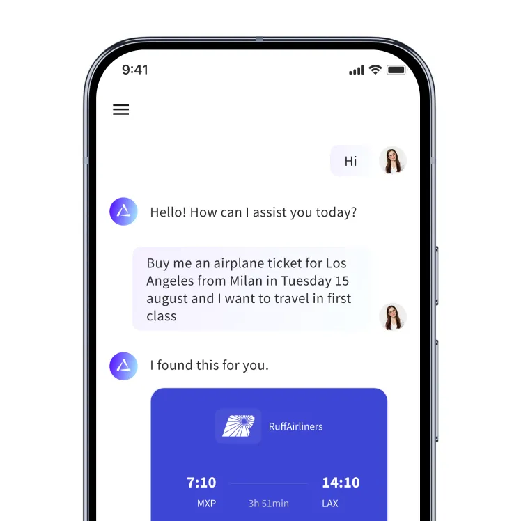 Mobile phone screen showing a chat with a virtual assistant helping to book a first-class airplane ticket from Milan to Los Angeles on August 15, displaying flight details from MXP to LAX.