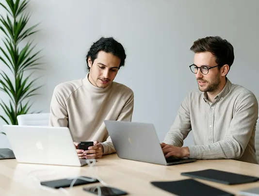 Two men working together at a light wooden table with laptops and electronic devices, engaged in discussion.