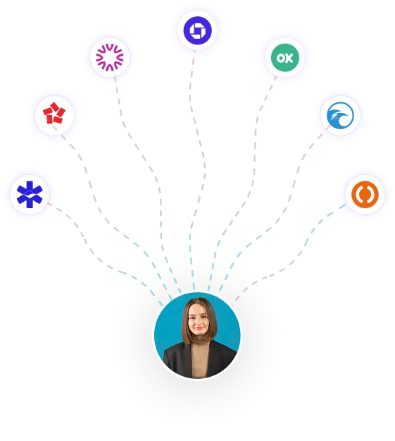 Portrait of a woman with brown hair and a black blazer connected by arrows to eight different software platform logos, representing integrations.