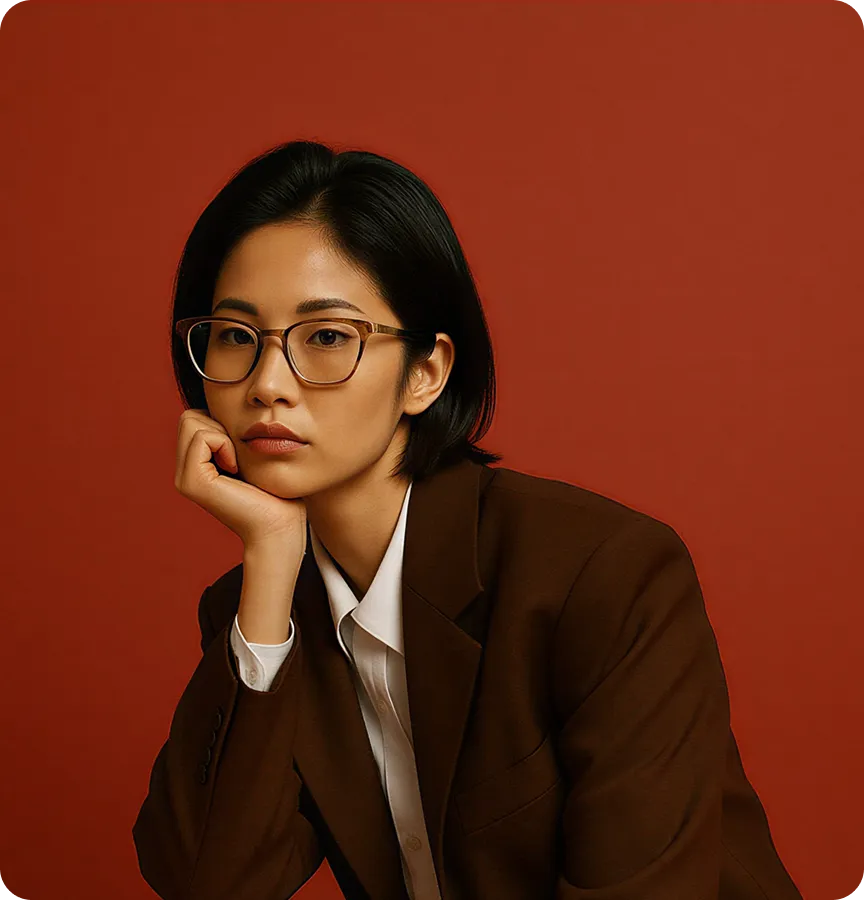 Woman with short black hair and glasses wearing a dark brown blazer and white shirt against a reddish-brown background resting her face on her hand.