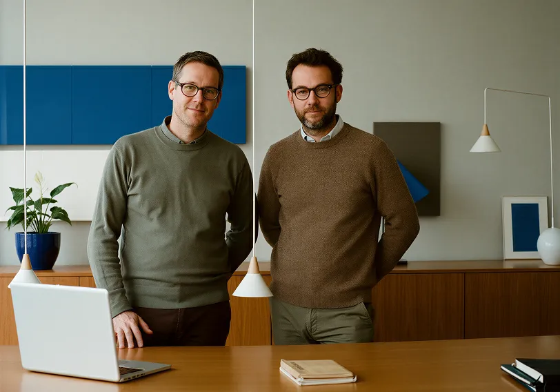 Two men wearing glasses and sweaters standing side by side behind a wooden desk with a laptop and notebooks in a modern office setting.