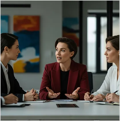 Three professional women in a meeting room engaged in a discussion around a table with documents.
