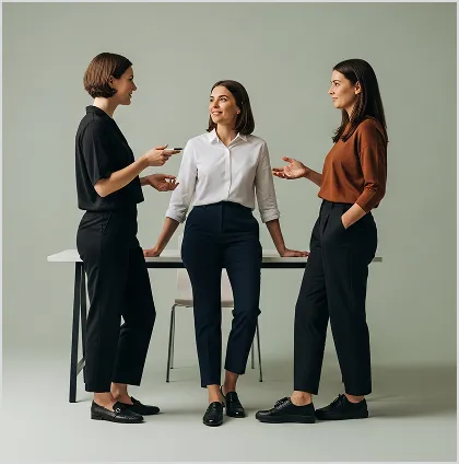 Three professional women engaged in conversation, wearing smart casual business attire against a neutral background.