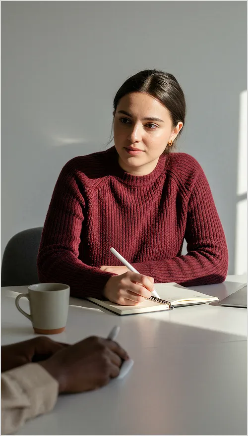 Young woman in a burgundy sweater writing in a notebook during a meeting at a table with a coffee mug and another person.
