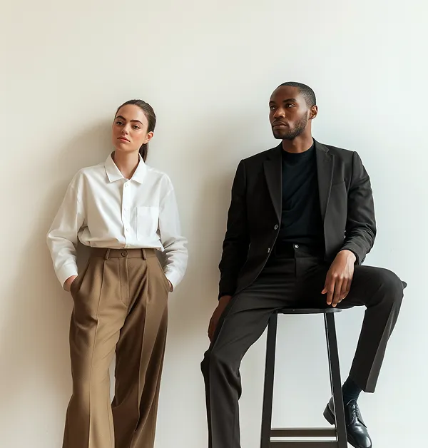 Man in black suit sitting on a stool and woman in white shirt and brown pants standing beside him against a plain white wall.