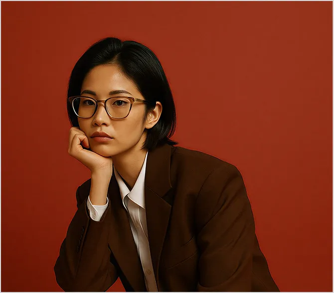 Young woman with glasses wearing a brown blazer and white shirt, resting her chin on her hand against a dark orange background.