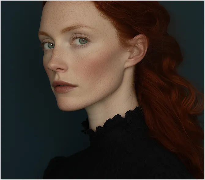Close-up portrait of a woman with red hair, green eyes, and freckles wearing a high-neck black lace top against a dark background.