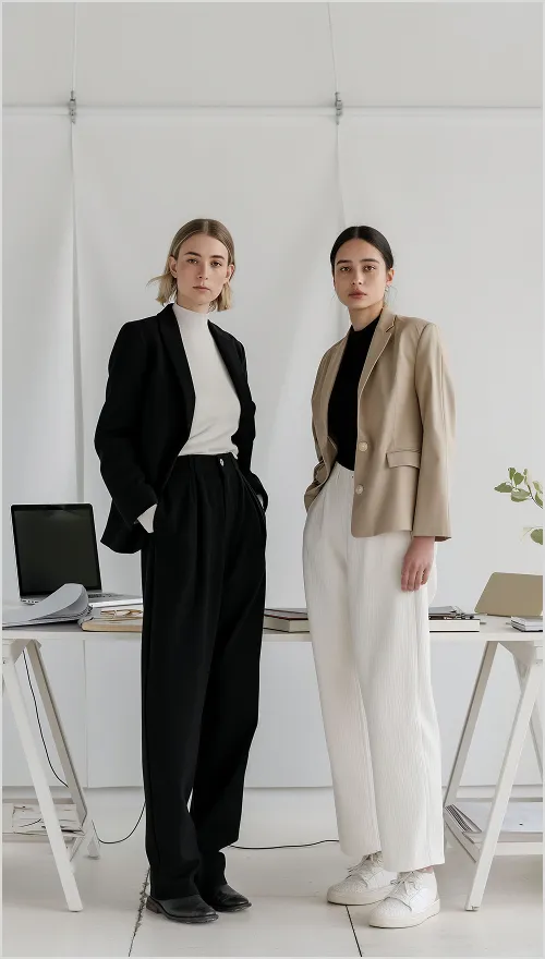 Two women standing confidently in a modern office with white walls; one wears a black blazer and pants with a white turtleneck, the other a beige blazer with white pants and white sneakers.
