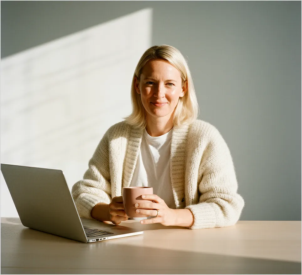 Smiling woman in a white sweater holding a cup and sitting at a table with a laptop in natural light.