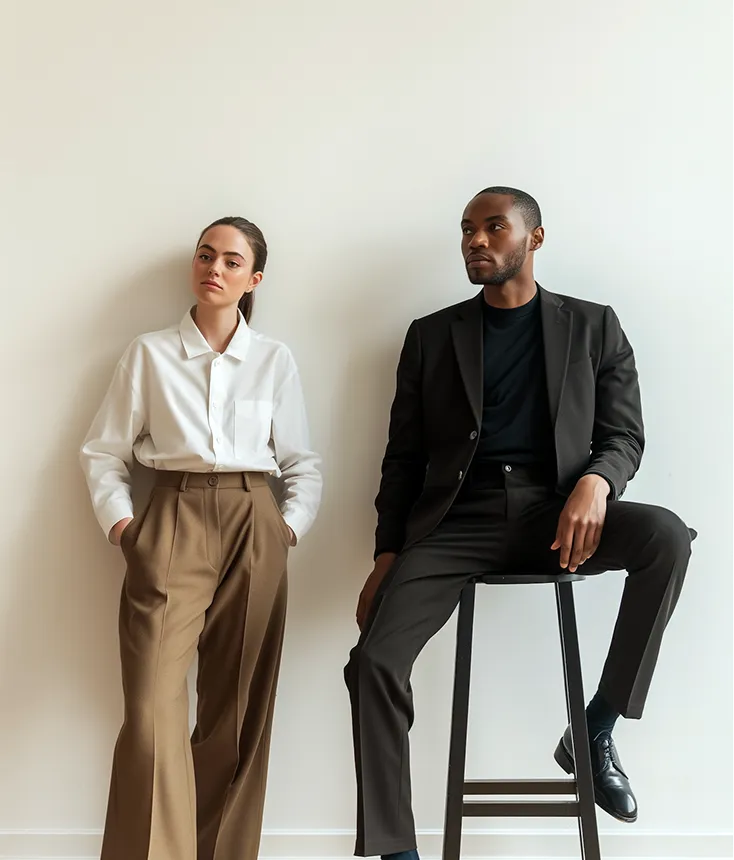A woman with her hands in pockets wearing a white shirt and brown wide trousers standing next to a man in a black suit sitting on a stool against a plain white wall.