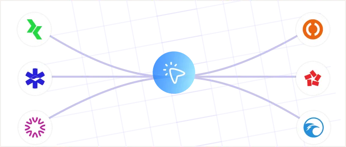 Blue circular icon with a cursor symbol at the center connected by lines to six surrounding circular icons representing various software logos on a dark grid background.