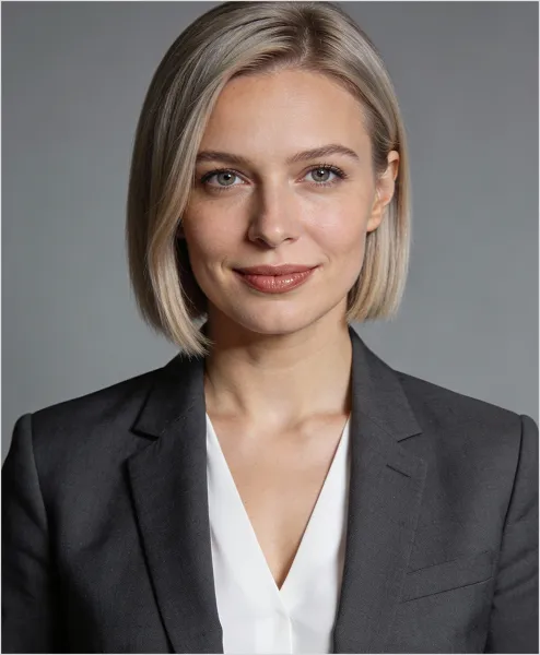 Portrait of a confident woman with short blonde hair wearing a dark blazer over a white blouse, smiling softly against a gray background.