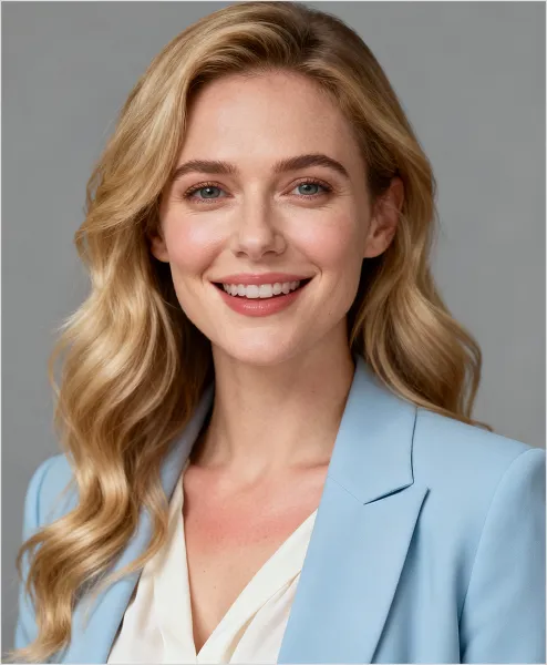 Smiling woman with long blonde hair wearing a light blue blazer and white blouse against a gray background.