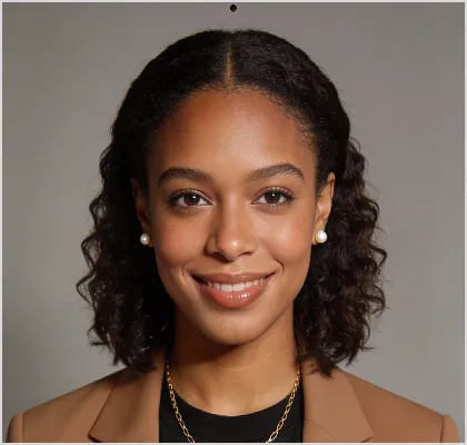 Portrait of a smiling woman with curly hair, wearing a brown blazer, black top, pearl earrings, and a gold necklace, against a gray background.