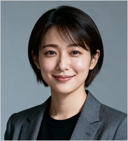 Portrait of a smiling Asian woman with short hair wearing a gray blazer and black shirt against a plain background.